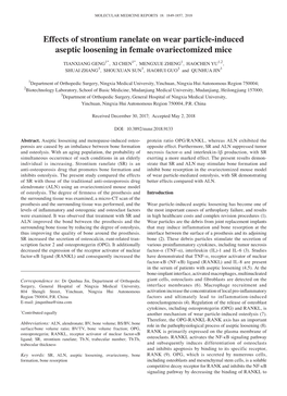 Effects of Strontium Ranelate on Wear Particle‑Induced Aseptic Loosening in Female Ovariectomized Mice