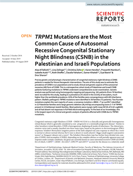 TRPM1 Mutations Are the Most Common Cause of Autosomal Recessive Congenital Stationary Night Blindness (CSNB) in the Palestinian