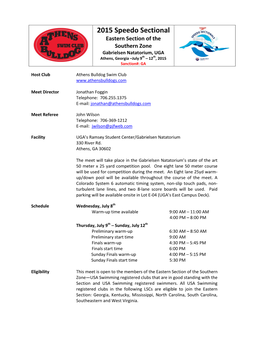 2015 Speedo Sectional Eastern Section of the Southern Zone Gabrielsen Natatorium, UGA Athens, Georgia –July 9Th – 12Th, 2015 Sanction#: GA