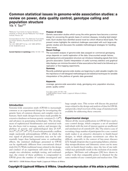 Common Statistical Issues in Genome-Wide Association Studies: a Review on Power, Data Quality Control, Genotype Calling and Population Structure Yik Y