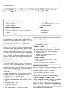 AN INTRODUCTION to MECHANICAL VENTILATION in the INTENSIVE CARE UNIT Dr Fran O’Higgins, Consultant in Anaesthesia and Intensive Care , Bristol, UK