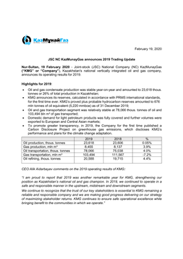 JSC NC Kazmunaygas Announces 2019 Trading Update