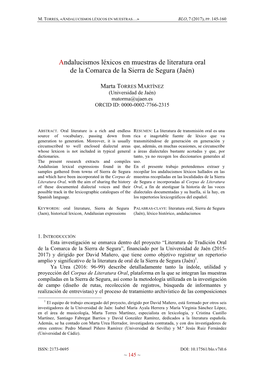 Andalucismos Léxicos En Muestras De Literatura Oral De La Comarca De La Sierra De Segura (Jaén)