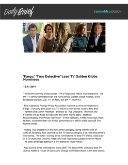 'Fargo,' 'True Detective' Lead TV Golden Globe Nominees