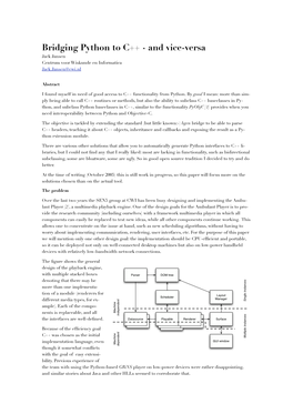 Bridging Python to C++ - and Vice-Versa Jack Jansen Centrum Voor Wiskunde En Informatica Jack.Jansen@Cwi.Nl