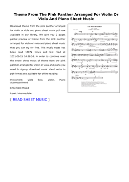 Sheet Music of Theme from the Pink Panther Arranged for Violin Or Viola