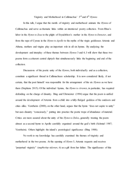 Virginity and Motherhood in Callimachus' 3 and 4 Hymns in This Talk, I Argue That the Motifs of Virginity and Motherhood Anima