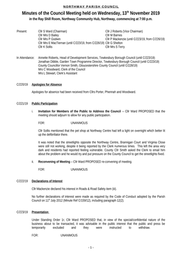 Minutes of the Council Meeting Held on Wednesday, 13Th November 2019 in the Ray Shill Room, Northway Community Hub, Northway, Commencing at 7:00 P.M