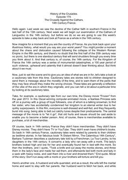 History of the Crusades. Episode 174. the Crusade Against the Cathars. 14Th Century France. Hello Again. Last Week We Saw the De