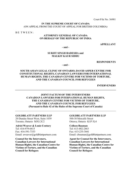 Court File No. 36981 in the SUPREME COURT of CANADA (ON APPEAL from the COURT of APPEAL for BRITISH COLUMBIA)