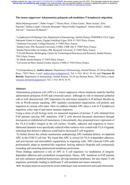 The Tumor Suppressor Adenomatous Polyposis Coli Modulates T Lymphocyte Migration