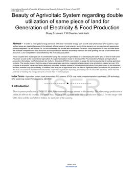 Beauty of Agrivoltaic System Regarding Double Utilization of Same Piece of Land for Generation of Electricity & Food Production Dhyey D