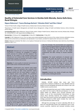 Quality of Antenatal Care Services in Demba Gofa Woreda, Gamo Gofa Zone, Rural Ethiopia Niguse Mekonnen1, Tezera Moshago Berheto1, Shimeles Ololo2 and Fikru Tafese2