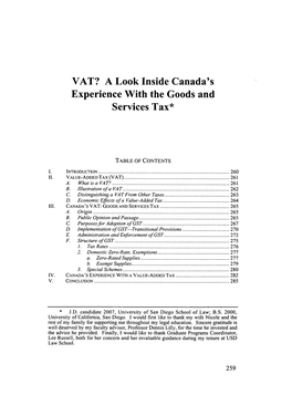 VAT? a Look Inside Canada's Experience with the Goods and Services Tax*