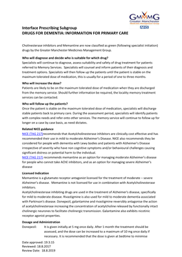 Interface Prescribing Subgroup DRUGS for DEMENTIA: INFORMATION for PRIMARY CARE