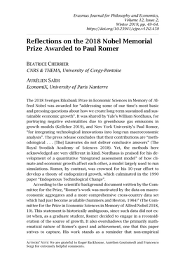 Reflections on the 2018 Nobel Memorial Prize Awarded to Paul Romer