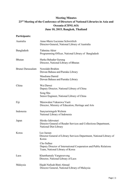 Meeting Minutes 23Rd Meeting of the Conference of Directors of National Libraries in Asia and Oceania (CDNLAO) June 10, 2015, Bangkok, Thailand