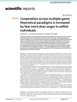 Cooperation Across Multiple Game Theoretical Paradigms Is Increased by Fear More Than Anger in Selfsh Individuals G