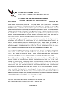 14 02 28 CSTC Highway of Tears Documentary Media Release