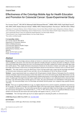 Effectiveness of the Colorapp Mobile App for Health Education and Promotion for Colorectal Cancer: Quasi-Experimental Study