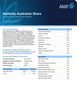 Alphinity Australian Share Quarterly Investment Option Update