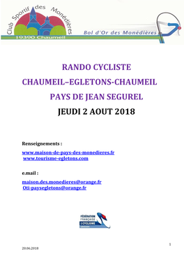 Rando Cycliste Chaumeil–Egletons-Chaumeil Pays De Jean Segurel Jeudi 2 Aout 2018