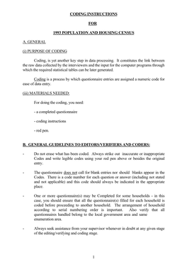 1 Coding Instructions for 1993 Population and Housing Census A. General