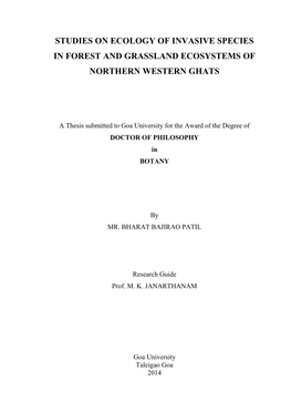 Studies on Ecology of Invasive Species in Forest and Grassland Ecosystems of Northern Western Ghats