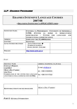 Erasmus Intensive Language Courses 2007/08 - Organising Institution’S Application Form