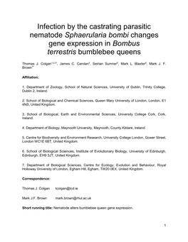 Infection by the Castrating Parasitic Nematode Sphaerularia Bombi Changes Gene Expression in Bombus Terrestris Bumblebee Queens