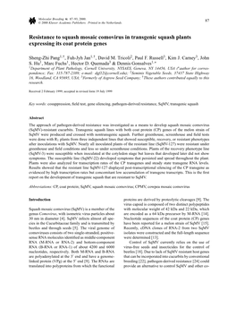 Resistance to Squash Mosaic Comovirus in Transgenic Squash Plants Expressing Its Coat Protein Genes