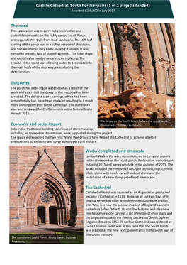 Carlisle Cathedral: South Porch Repairs (1 of 2 Projects Funded) Awarded £195,000 in July 2014