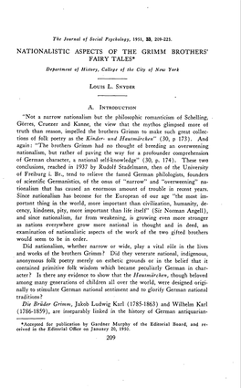 NATIONALISTIC ASPECTS of the GRIMM BROTHERS' FAIRY TALES* Department Oj History, College of the City of New York