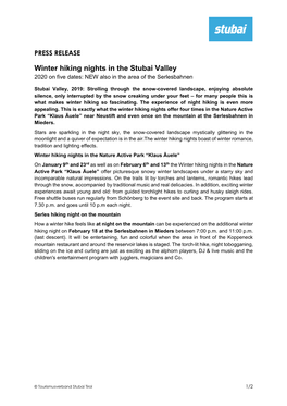 Winter Hiking Nights in the Stubai Valley 2020 on Five Dates: NEW Also in the Area of the Serlesbahnen
