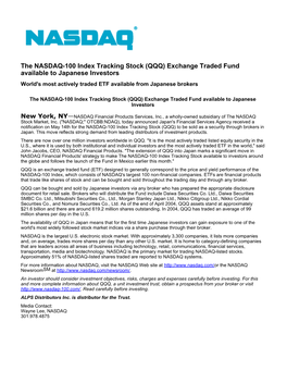 (QQQ) Exchange Traded Fund Available to Japanese Investors World's Most Actively Traded ETF Available from Japanese Brokers