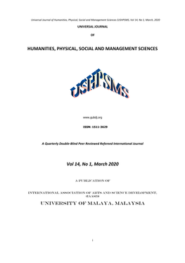 Humanities, Physical, Social and Management Sciences (USHPSMS, Vol 14, No 1, March, 2020