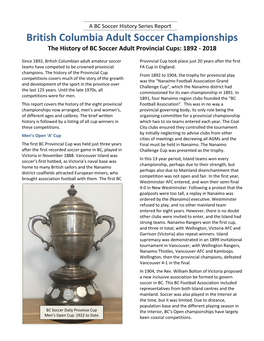 British Columbia Adult Soccer Championships the History of BC Soccer Adult Provincial Cups: 1892 - 2018