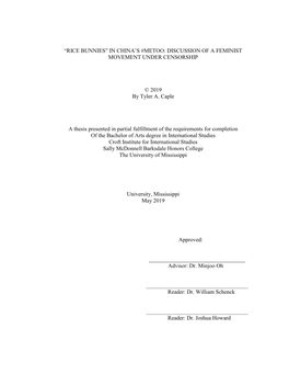 “RICE BUNNIES” in CHINA's #METOO: DISCUSSION of a FEMINIST MOVEMENT UNDER CENSORSHIP © 2019 by Tyler A. Caple a Thesis Pr