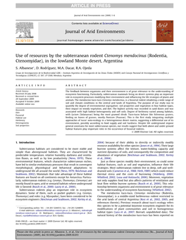 Use of Resources by the Subterranean Rodent Ctenomys Mendocinus (Rodentia, Ctenomyidae), in the Lowland Monte Desert, Argentina