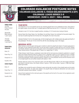 Colorado Avalanche Postgame Notes Colorado Avalanche 3, Vegas Golden Knights 2 (Ot) Colorado Leads Series 2-0 Wednesday, June 2, 2021 | Ball Arena