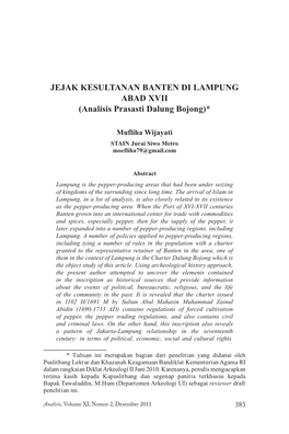 JEJAK KESULTANAN BANTEN DI LAMPUNG ABAD XVII (Analisis Prasasti Dalung Bojong)*