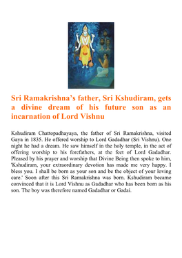 Sri Ramakrishna's Father, Sri Kshudiram, Gets a Divine Dream Of