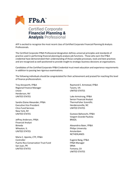 AFP Is Excited to Recognize the Most Recent Class of Certified Corporate Financial Planning & Analysis Professionals