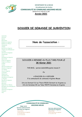 Année 2021 DOSSIER DE DEMANDE DE SUBVENTION Nom De L'association