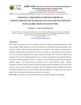 Seasonal Variations in Physico-Chemical Characteristics of Water Quality of Gurupura River in Mangalore, South Coast of India