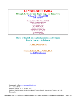 Status of English Among the Kokborok and Tripura Bangla Learners in Tripura