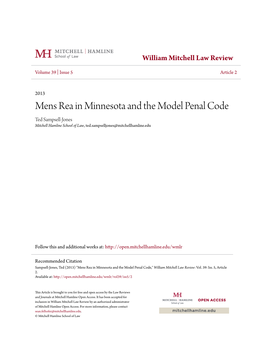 Mens Rea in Minnesota and the Model Penal Code Ted Sampsell-Jones Mitchell Hamline School of Law, Ted.Sampselljones@Mitchellhamline.Edu