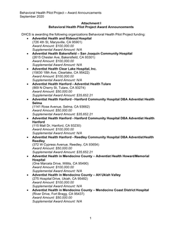 Behavioral Health Pilot Project – Award Announcements September 2020 Attachment I Behavioral Health Pilot Project Award Announcements