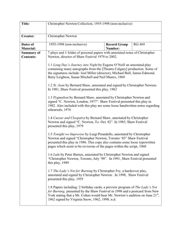 Title: Christopher Newton Collection, 1955-1998 (Non-Inclusive) Creator: Christopher Newton Dates of Material: 1955-1998 (Non-In
