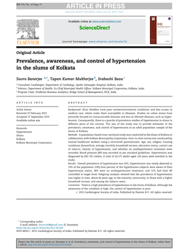 Prevalence, Awareness, and Control of Hypertension in the Slums of Kolkata